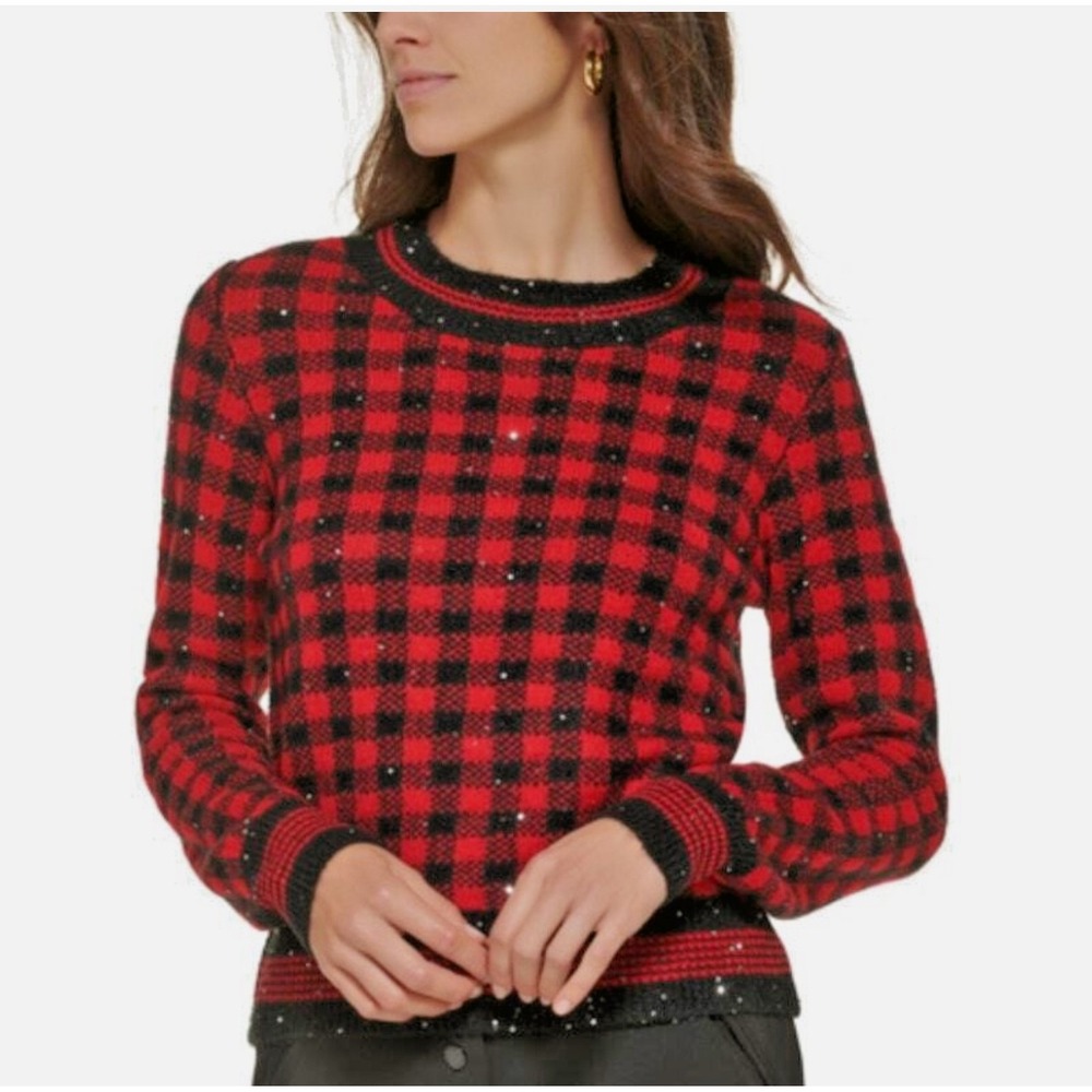 KARL LAGERFELD PARIS SEQUINED PLAID CREWNECK SWEATER, Size XL Women's